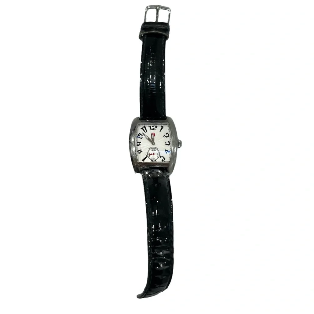 MICHELE MINI URBAN STAINLESS STEEL WATCH WITH BLACK PATENT LEATHER STRAP